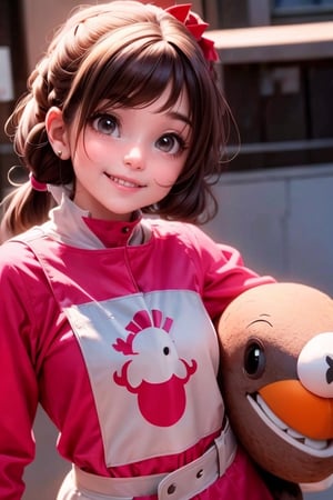 a girl smiling wearing a turkey mascot suit