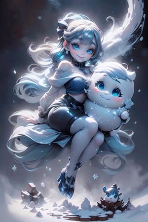 masterpiece, best quality, a snow demon smiling, blue lips, blue hair, intense blue smokey eyes makeup, (snow material) clothing, (crystal) hair bow, crop shirt, sheer draped skirt, tights, blue pumps, playing with the snow, frozen magical garden (at night), magic lights floating around, (falling snow), photoshoot, dynamic pose, angle from below,plastican00d