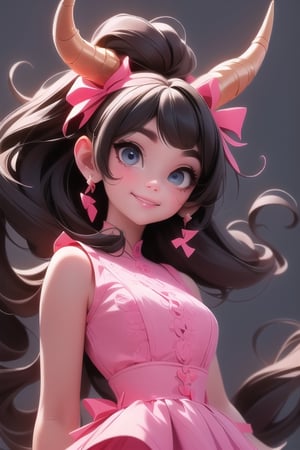 close up of a (horned demon girl) smiling, wearing a lace cloth dress, black hair, red smokey eyes makeup, (hair bow), dramatic magic floating pose, full body.