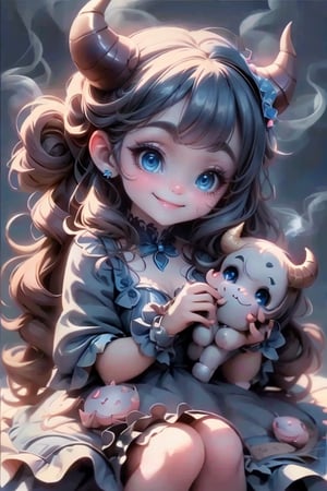 masterpiece, best quality, a cute horned demon smiling, intense blue smokey eyes makeup, summer dress, Lolita pumps, joyful, dynamic angle, summer night, 
