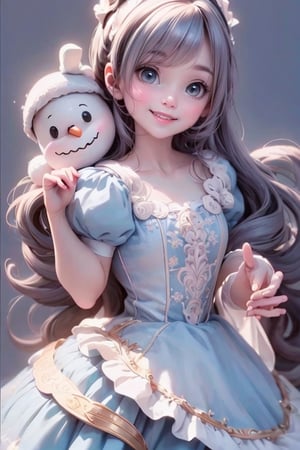 masterpiece, best quality, a girl smiling wearing a fantasy dress, magical dress, cute dress, loli in dress, lovely and cute, style of magical girl, white and pale blue toned, pale blue, soft cute colors, rococo dress, icey blue dress, pastel blue, romantic dress, dreamy style, rococo ruffles dress, hugging a happy snow man