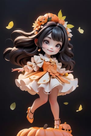 chibi, a cute harvest demon queen, smiling, dramatic floating pose, floating in the air, glowing dress, orange leaves floating around the dress, patent leather PLATFORM pumps, nighttime, glowing pumpkins, night harvest field, 8k, detailed, cinematic, dramatic lighting, warm colors, fantasy, digital art, hyper realistic, ethereal, elegant, dynamic, mystical, intricate details, full moon at background, xuer Luxury brand fashion, 
