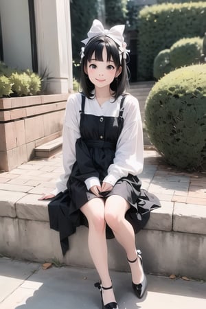 1girl smiling, black hair, hairbow, white round_toe Mary_janes pumps,