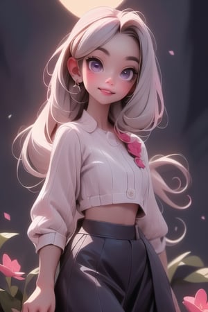 realistic, a vampire girl, showing fang, white hair, purple eyes, glowing eyes, crop top, skirt, parted lips, blush, night, flowers, moon