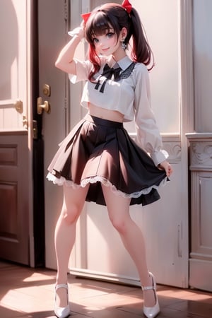 masterpiece, best quality, a girl smiling, black hair, short skirt, lace cloth ((crop shirt)), red hair bow, earrings, choke, (white pumps), rule of thirds. 