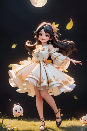 chibi, a cute harvest demon queen, smiling, dramatic floating pose, floating in the air, glowing dress, orange leaves floating around the dress, footwear patent leather flats, nighttime, glowing pumpkins, night harvest field, 8k, detailed, cinematic, dramatic lighting, warm colors, fantasy, digital art, hyper realistic, ethereal, elegant, dynamic, mystical, intricate details, full moon at background, xuer Luxury brand fashion, 
