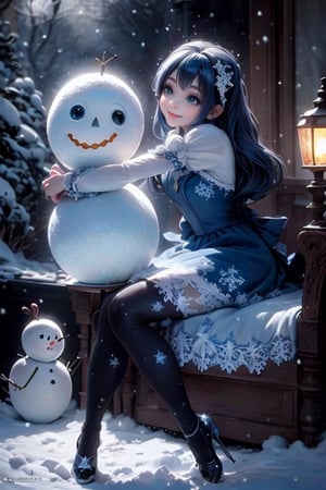 masterpiece, best quality, a frist witch smiling, blue hair, hair bow, crystal cloth dress, tights, pumps, hugging a snowman, (falling snow), frozen garden at night, (night lamps)