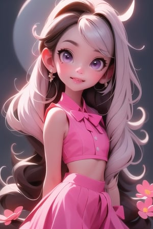 a vampire girl, (showing fang), white hair, purple eyes, glowing eyes, crop top, skirt, parted lips, blush, night, flowers, moon
