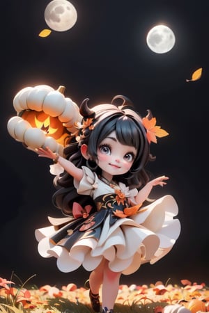 chibi, a cute harvest demon queen, smiling, dramatic floating pose, floating in the air, glowing dress, orange leaves floating around the dress, footwear patent leather flats, nighttime, glowing pumpkins, night harvest field, 8k, detailed, cinematic, dramatic lighting, warm colors, fantasy, digital art, hyper realistic, ethereal, elegant, dynamic, mystical, intricate details, full moon at background, xuer Luxury brand fashion, 
