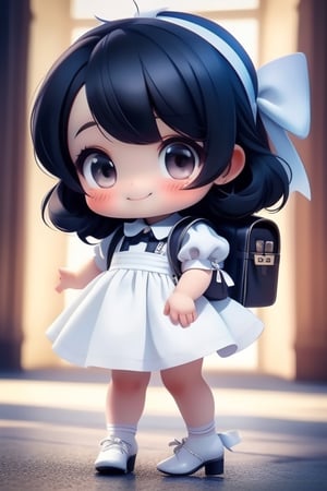 masterpiece, best quality, a cute chibi girl smiling, ((black)) hair, white pinafore dress, (((short puffy sleeves))) shirt, white hairbow, (((black))) mary jane pumps, school backpack, (((full body)))