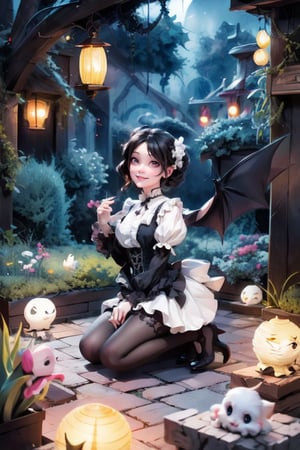 a demon_girl smiling, wings, color (pumps), (nylons), kneeling, light creatures floating as lanterns, victorian greenhouse at night, nighttime, night scenery, creepy ambient, gothic art style, lanterns, starryscene