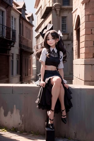 masterpiece, best quality, a girl smiling sitting on a wall, black hair, skirt, lace cloth ((crop shirt)), big hair bow, earrings, choke, hosiery, pumps, rule of thirds. 