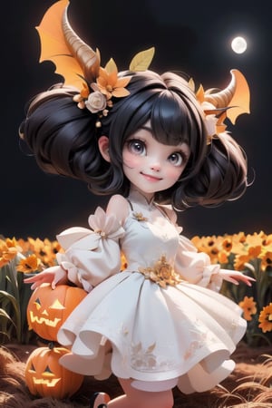 chibi, a cute harvest demon queen, smiling, dramatic floating pose, floating in the air, glowing dress, orange leaves floating around the dress, patent leather pumps, nighttime, glowing pumpkins, night harvest field, 8k, detailed, cinematic, dramatic lighting, warm colors, fantasy, digital art, hyper realistic, ethereal, elegant, dynamic, mystical, intricate details, full moon at background, xuer Luxury brand fashion, 
