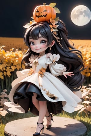 chibi, a cute harvest demon queen, smiling, dramatic floating pose, floating in the air, glowing dress, orange leaves floating around the dress, patent leather pumps, nighttime, glowing pumpkins, night harvest field, 8k, detailed, cinematic, dramatic lighting, warm colors, fantasy, digital art, hyper realistic, ethereal, elegant, dynamic, mystical, intricate details, full moon at background, xuer Luxury brand fashion, 
