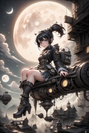 a cute girl ((disgusted look)), pumps, sitting on a flying machine, night scene, at night, moon, steampunk art style