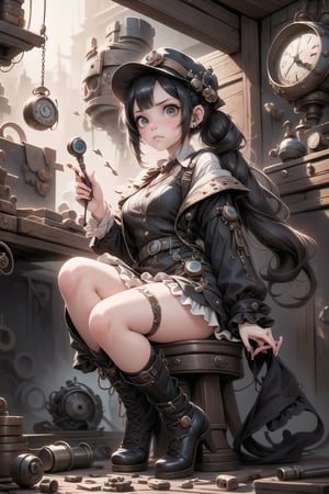 a cute girl ((disgusted look)), pumps, clocktower workshop, steampunk art style