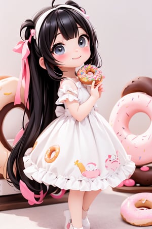 a delicate chibi girl eating a giant donut, black hair, donuts hair accesories, donuts theme dress, pumps, kawaii style, donuts land at background