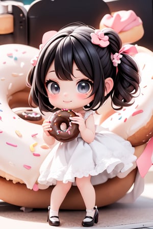 a delicate chibi girl biting a giant donut, black hair, hair accesories donuts, donuts theme dress, pumps, kawaii style, donuts land at background