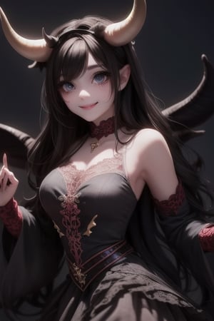 a (horned demon girl) smiling, wearing a lace cloth dress, black hair, red smokey eyes makeup, (hair bow), dramatic magic floating pose, (full body), sfw