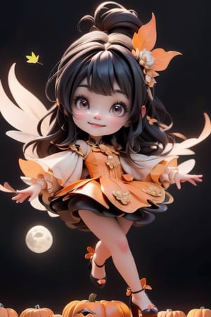 chibi, a cute harvest demon queen, smiling, dramatic floating pose, floating in the air, glowing dress, orange leaves floating around the dress, patent leather PLATFORM pumps, nighttime, glowing pumpkins, night harvest field, 8k, detailed, cinematic, dramatic lighting, warm colors, fantasy, digital art, hyper realistic, ethereal, elegant, dynamic, mystical, intricate details, full moon at background, xuer Luxury brand fashion, 
