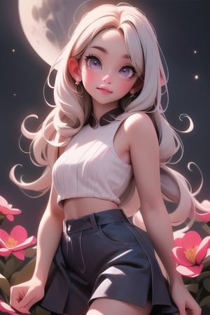 realistic, a vampire girl, white hair, purple eyes, glowing eyes, crop top, skirt, parted lips, blush, night, flowers, moon