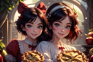 masterpiece, best quality, detailed face, bright eyes, detailed nose, a cute snowwhite (disney) smiling eating an (apple pie), black hair, red diadem with a small red hairbow,