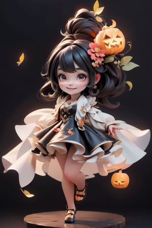 chibi, a cute harvest demon queen, smiling, dramatic floating pose, floating in the air, glowing dress, orange leaves floating around the dress, footwear patent leather flats, nighttime, glowing pumpkins, night harvest field, 8k, detailed, cinematic, dramatic lighting, warm colors, fantasy, digital art, hyper realistic, ethereal, elegant, dynamic, mystical, intricate details, full moon at background, xuer Luxury brand fashion, 
