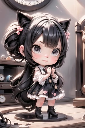 a cute (chibi) girl looking a clock, ((disgusted look)), pumps