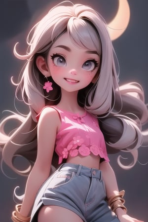 a vampire girl, ((showing fang)), white hair, grey eyes, glowing eyes, lace crop top, skirt, parted lips, blush, night, flowers, moon
