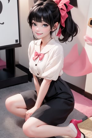 1girl smiling, black hair, hairbow, white round_toe Mary_janes pumps,