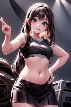a cute plump girl smiling in a black and white top and black skirt, her belly button is exposed, physical : tinyest midriff ever, exposed midriff, performing on stage, tinyest midriff ever, beautiful midriff, wearing crop top and miniskirt, looking at viewer