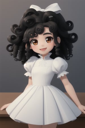 masterpiece, top quality, highly detailed, cute, a (((small girl))), (((blak hair))), (((curly hair))), white dress, white puffy sleeves shirt, white hair bow, white flats, doing homework, smiling