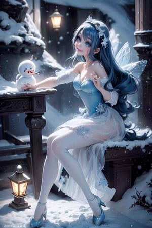 masterpiece, best quality, an ice fairy smiling, ice wings, blue hair, intense blue smokey eyes makeup, hair bow, ice cloth dress, tights, pumps, building a cute snowman, (falling snow), frozen garden at night, (night lamps)