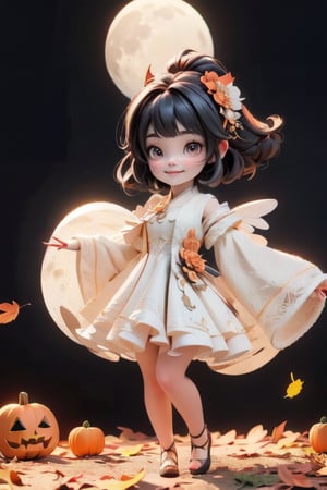 chibi, a cute harvest demon queen, smiling, dramatic floating pose, floating in the air, glowing dress, orange leaves floating around the dress, patent leather PLATFORM pumps, nighttime, glowing pumpkins, night harvest field, 8k, detailed, cinematic, dramatic lighting, warm colors, fantasy, digital art, hyper realistic, ethereal, elegant, dynamic, mystical, intricate details, full moon at background, xuer Luxury brand fashion, 
