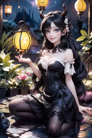 a demon_girl smiling, strapless dress, color (pumps), (nylons), kneeling, light creatures floating as lanterns, victorian greenhouse at night, nighttime, night scenery, creepy ambient, gothic art style, lanterns, starryscene