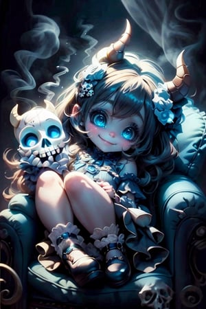masterpiece, best quality, a cute horned demon smiling, sitting on a skull shape armchair,  intense blue smokey eyes makeup, summer dress, Lolita pumps, city at night,