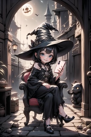a cute witch smiling sitting on an armchair, pumps, taking a selfie, haunted palace at night, (night scene), 
