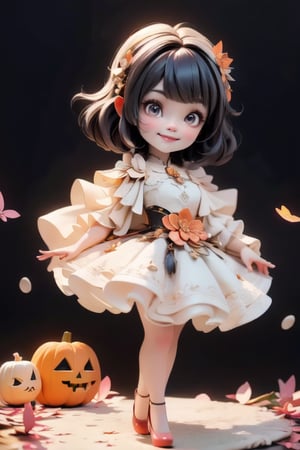 chibi, a cute harvest demon queen, smiling, dramatic floating pose, floating in the air, glowing dress, orange leaves floating around the dress, patent leather pumps, nighttime, glowing pumpkins, night harvest field, 8k, detailed, cinematic, dramatic lighting, warm colors, fantasy, digital art, hyper realistic, ethereal, elegant, dynamic, mystical, intricate details, full moon at background, xuer Luxury brand fashion, 
