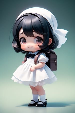 masterpiece, best quality, a cute chibi girl smiling, ((black)) hair, white pinafore dress, (((short puffy sleeves))) shirt, white hairbow, (((black))) mary jane pumps, school backpack, (((full body)))