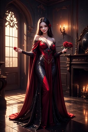 vampire style, a cute small vampiress smiling wearing dark crimson vampire gown, ((holding a red rose)), full length vampire cloak, evil smile, (indoors, dark vampire mansion), (sparkles, sparkling scales), sharp focus, (glossy made of scales clothing, glittering made of scales fabric), red rose