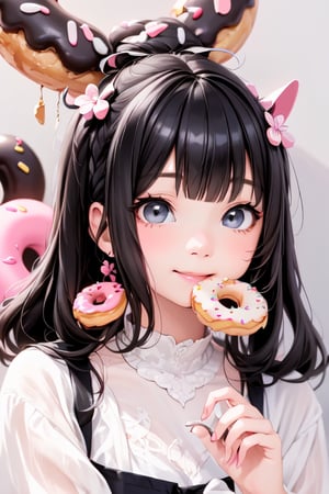 a delicate chibi girl eating a giant donut, black hair, donuts hair accesories, donuts theme dress, pumps, kawaii style, donuts land at background