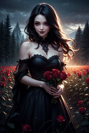 a goth girl smiling, red rose, goth dress, long hair, black hair, black dress, holding a red rose, field, holding a rose, outdoors, grass, realistic, bare shoulders, (at night)