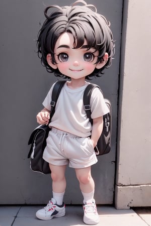 masterpiece, best quality, a cute chibi loli (boy) smiling, (((short black hair))), sport shorts, white sport shirt, white socks, white sneakers, school backpack, (((full body))),plastican00d