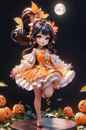 chibi, a cute harvest demon queen, smiling, dramatic floating pose, floating in the air, glowing dress, orange leaves floating around the dress, footwear patent leather flats, nighttime, glowing pumpkins, night harvest field, 8k, detailed, cinematic, dramatic lighting, warm colors, fantasy, digital art, hyper realistic, ethereal, elegant, dynamic, mystical, intricate details, full moon at background, xuer Luxury brand fashion, 
