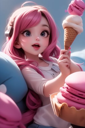 1girl, ice cream, cream, macaron, tongue out, multicolor hair, smagnificent panorama view, glossy eyes, cinematic shot, vibrant colors, gorgeous colors, dynamic action pose,