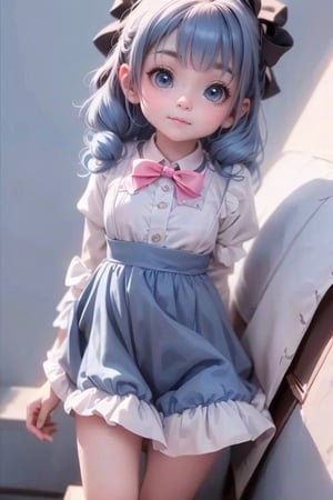 One girl、Short stature、elementary student、lightblue hair、Light blue eyes、Cute Baby Turtle、Straight face、Pop background、tmasterpiece、top-quality、Top image quality、8K、bow ribbon、Ribbon on the back、Ribbon dress、