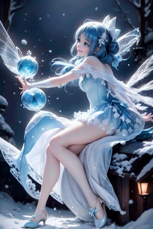 masterpiece, best quality, an ice fairy smiling, ice wings, blue hair, hair bow, crystal cloth dress, tights, pumps, making a snowman, (falling snow), frozen garden at night, (night lamps)