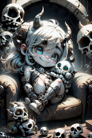 masterpiece, best quality, a biomechanical cute horned demon smiling, sitting on a armchair made with skulls, white pumps,