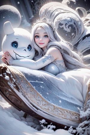 masterpiece, best quality, an ancient frost witch smiling, hugging a giant snow man, wearing a fantasy crystal dress, white hair, dreamy style, rococo ruffles dress, pumps, frozen garden, (falling_snow)