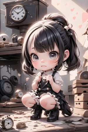 a cute (chibi) girl looking a broken clock, ((disgusted look)), pumps